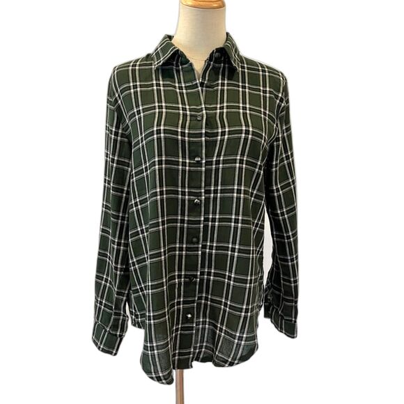 Princess Polly Nora Oversized Forest Green/White Plaid Button Front Shirt 2/XS - Picture 2 of 9
